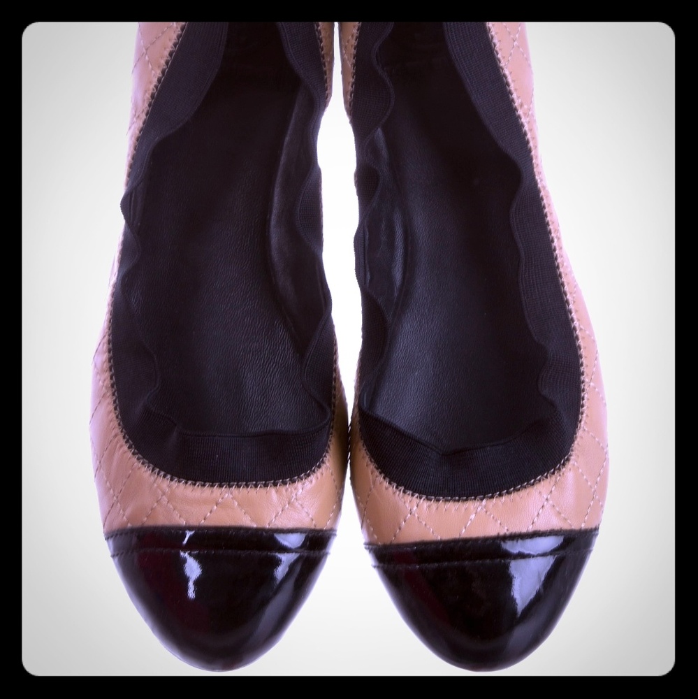 Tan and Black Tory Burch Bridgette Flats